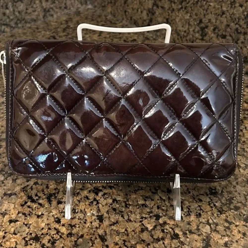 Chanel Deep Burgundy Quilted Patent Leather CC Zip Around Wallet Organizer